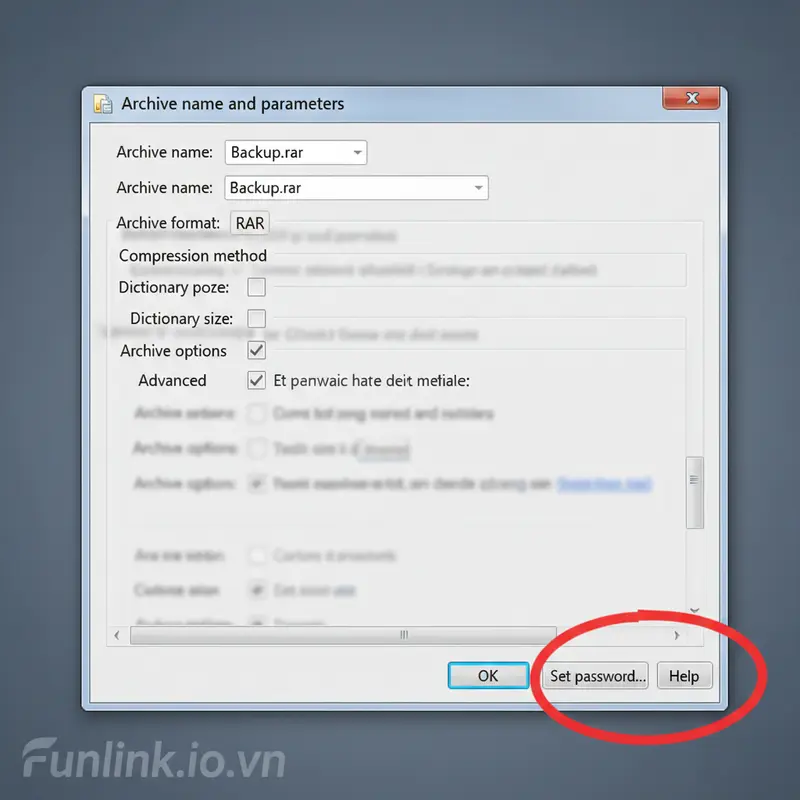 Giao diện WinRAR hiển thị nút Set password để thiết lập mật khẩu cho file nén.