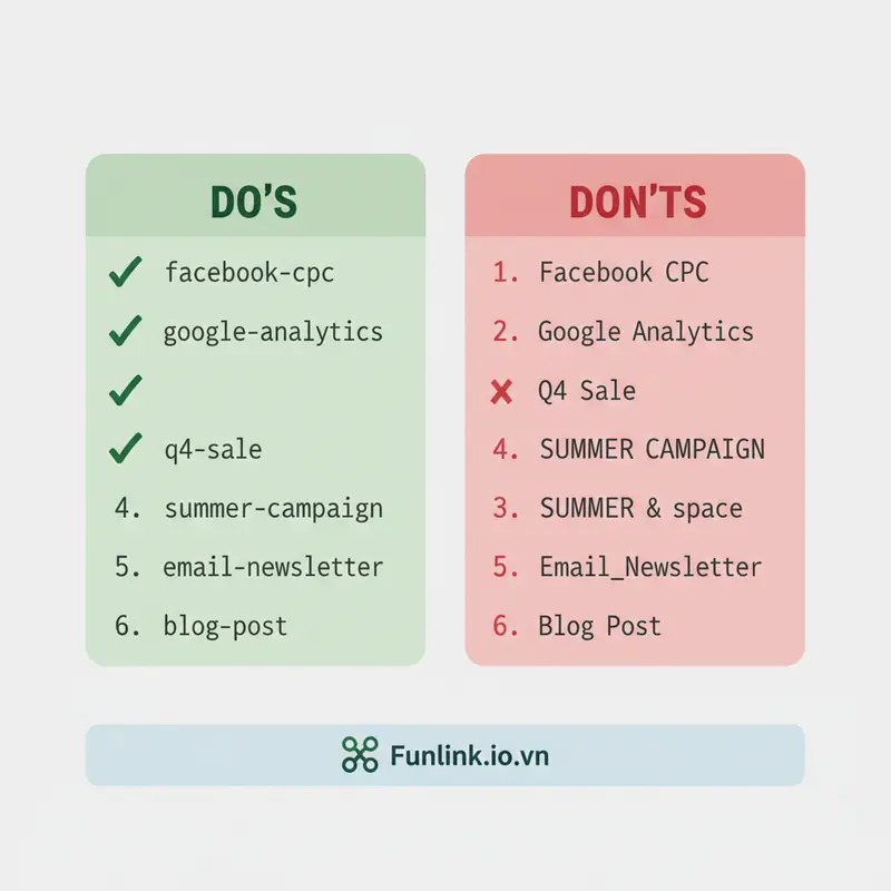 Bảng so sánh các lỗi sai và cách đặt tên utm_campaign đúng, nhấn mạnh tầm quan trọng của tính nhất quán.