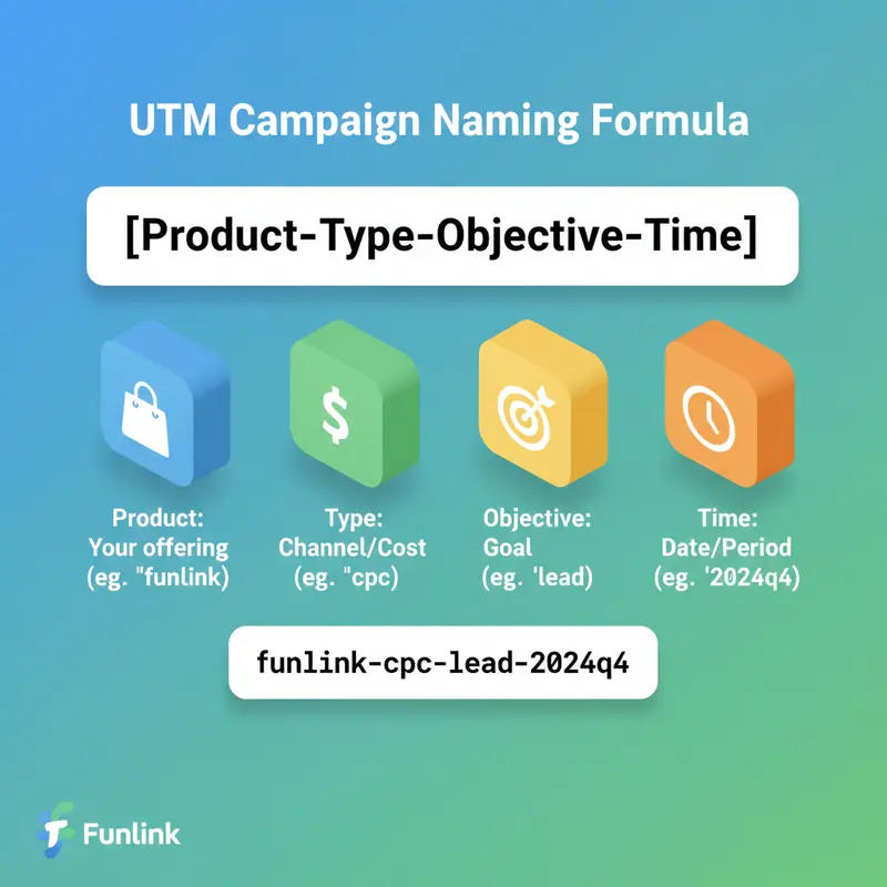 Infographic công thức đặt tên utm_campaign chuẩn: [Sản phẩm]-[Loại hình]-[Mục tiêu]-[Thời gian] cùng ví dụ minh họa.