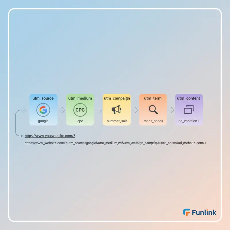 Sơ đồ cấu trúc link UTM với 5 tham số chính, giúp hiểu rõ vai trò của việc đặt tên utm_campaign.