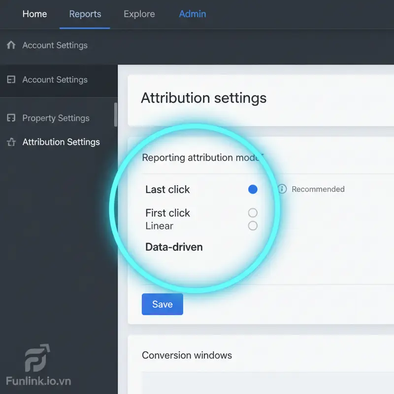 Giao diện cài đặt mô hình Data-Driven Attribution trong Google Analytics 4 với tùy chọn DDA được chọn