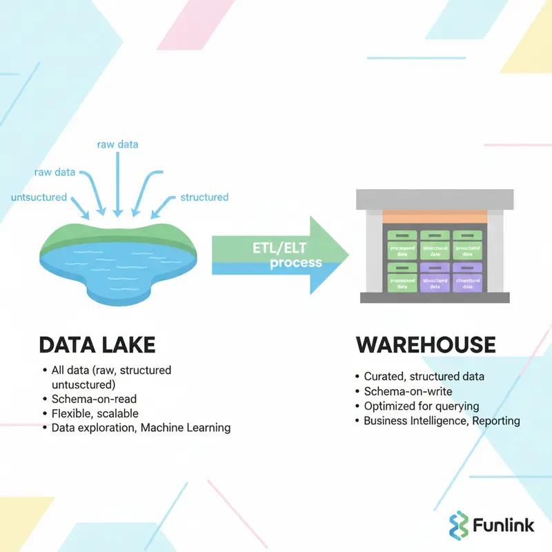 Sơ đồ so sánh Data Lake vs Data Warehouse với quy trình ETL và ELT.