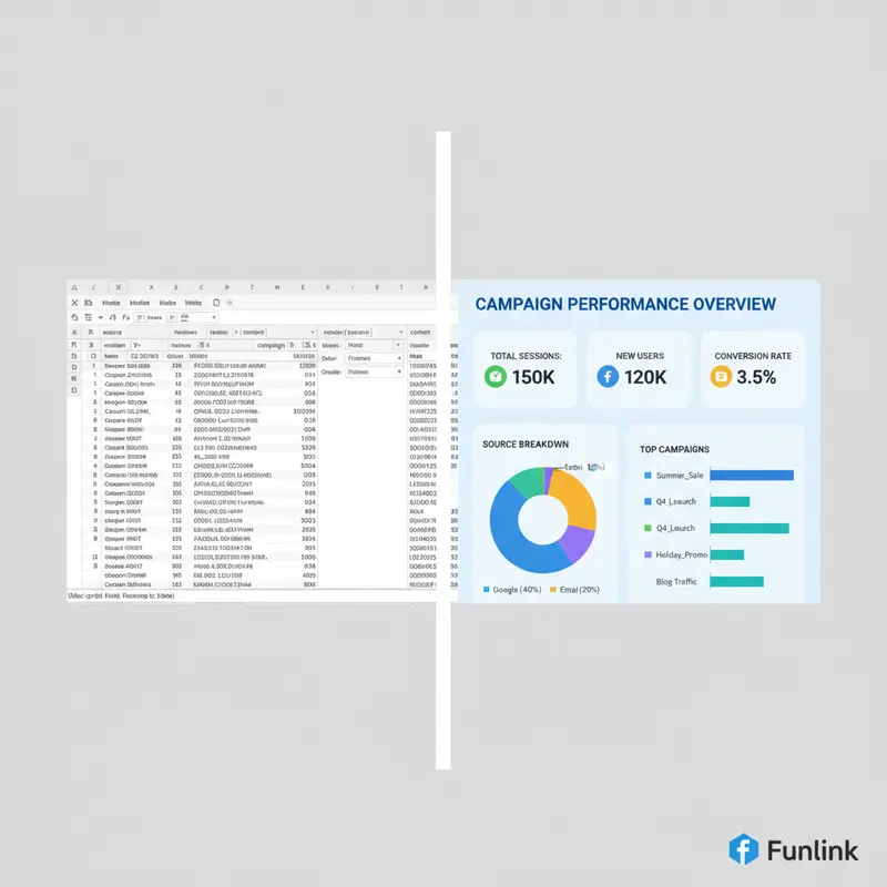So sánh báo cáo UTM trên Excel và dashboard Data Storytelling trên Looker Studio.