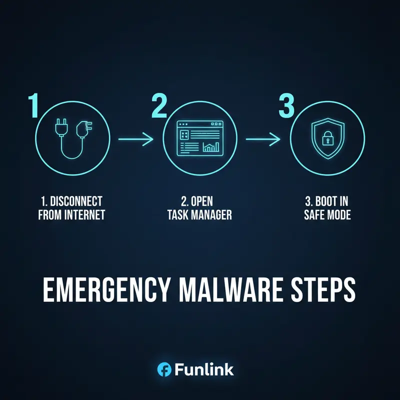 Sơ đồ 3 bước khẩn cấp xử lý dấu hiệu máy tính nhiễm mã độc: ngắt mạng, mở Task Manager, và vào Safe Mode.