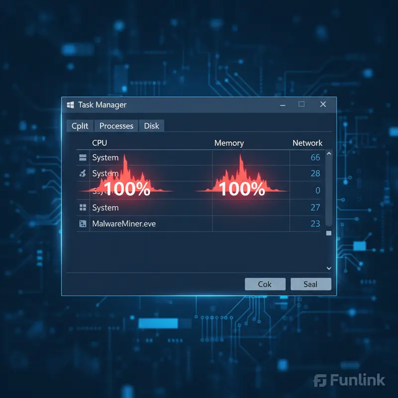 Dấu hiệu máy tính nhiễm mã độc với Task Manager hiển thị CPU và Disk ở mức 100%.