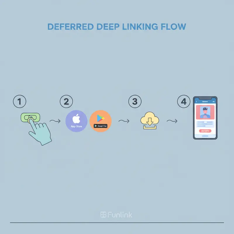 Infographic giải thích cơ chế hoạt động của deferred deep linking cho người dùng chưa cài app.