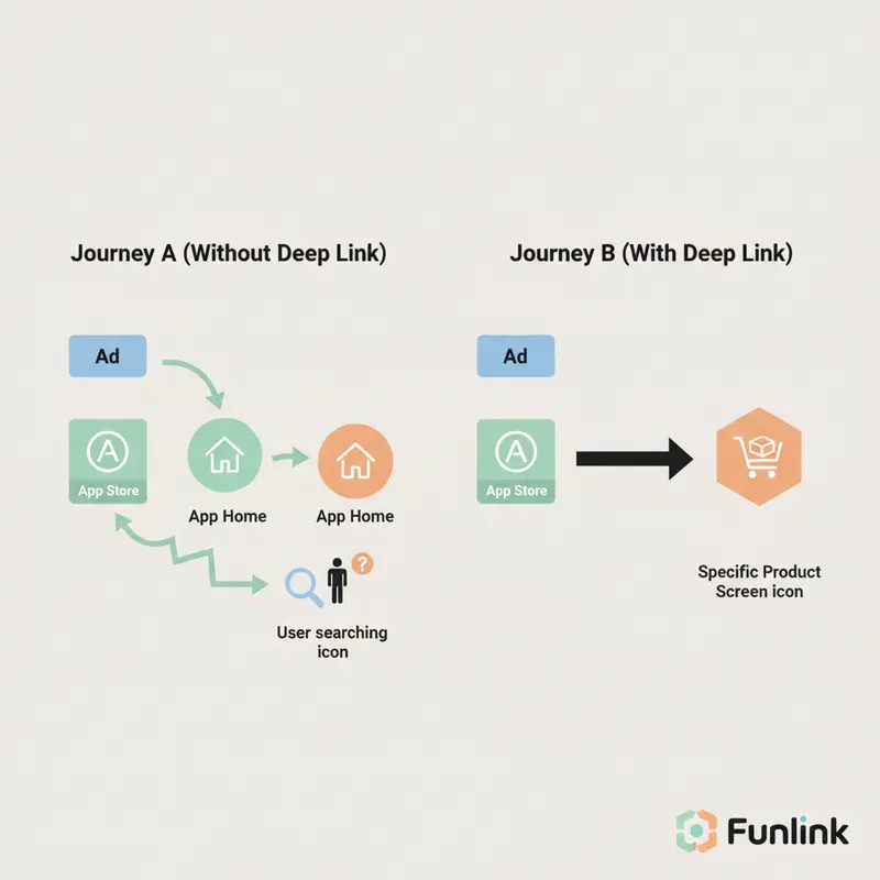 Sơ đồ so sánh hành trình người dùng có và không có deep linking, cho thấy sự khác biệt về trải nghiệm.