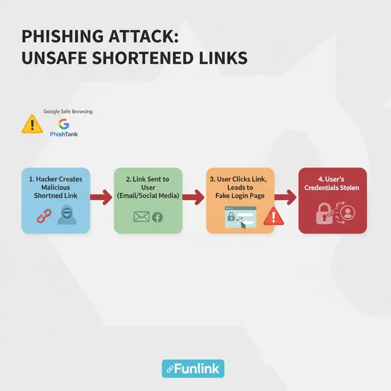 Infographic mô tả rủi ro tấn công Phishing từ dịch vụ rút gọn link không an toàn.