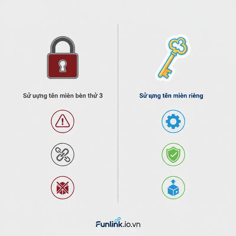 Sơ đồ so sánh rủi ro khi dịch vụ rút gọn link ngừng hoạt động giữa tên miền riêng và bên thứ ba.