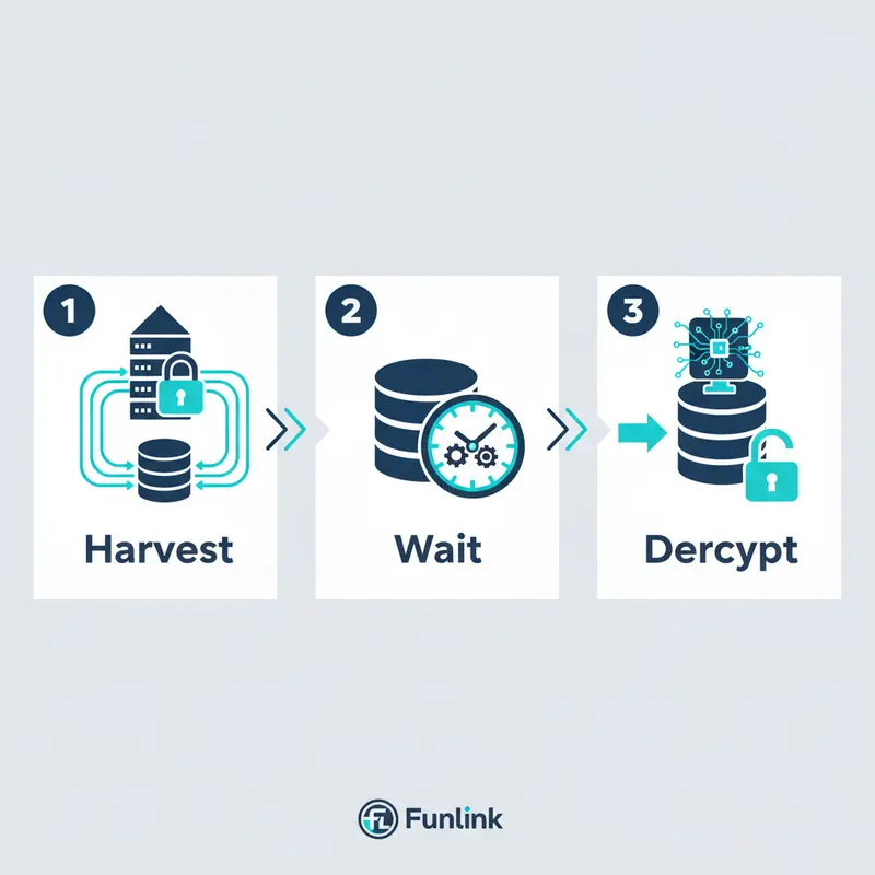 Sơ đồ tấn công HNDL liên quan đến điện toán lượng tử và mã hóa.