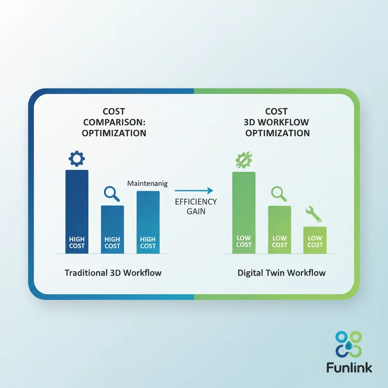 Sơ đồ so sánh chi phí cho thấy Digital Twin và ứng dụng giúp giảm chi phí prototyping, testing và maintenance.