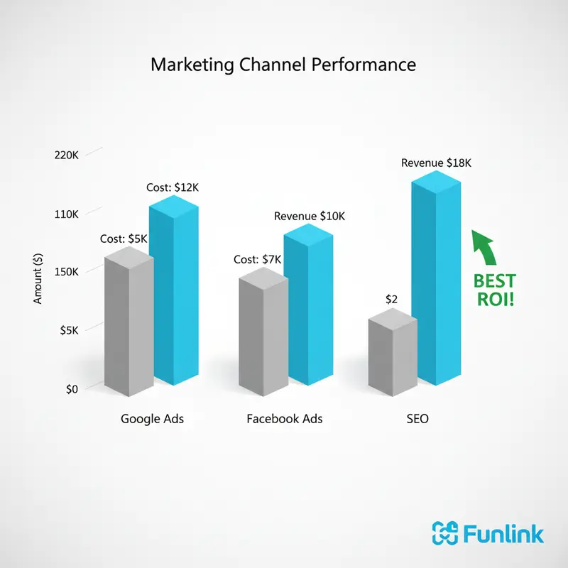 Biểu đồ cột so sánh ROI từ các kênh Google, Facebook và SEO, giúp đo lường click trên website hiệu quả.