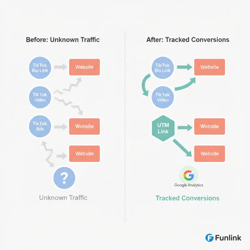 Sơ đồ luồng traffic từ TikTok bị gãy khi không dùng UTM để đo lường hiệu quả