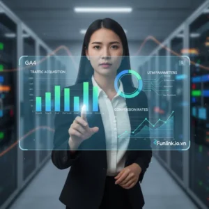 Đo lường ROI chiến dịch với UTM: Chuyên gia phân tích dashboard GA4 với các biểu đồ dữ liệu.