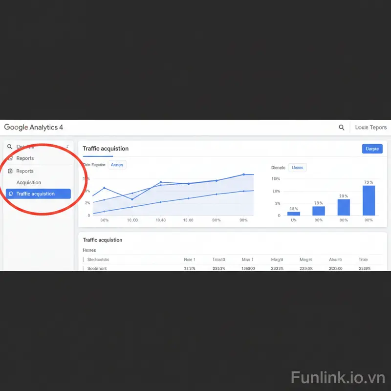 Đo lường ROI chiến dịch với UTM: Tìm báo cáo Traffic Acquisition trong menu của Google Analytics 4.