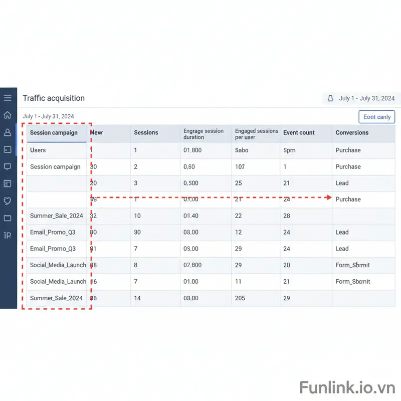 Bảng dữ liệu GA4 cho thấy mối liên kết giữa UTM và Conversions để đo lường ROI chiến dịch.