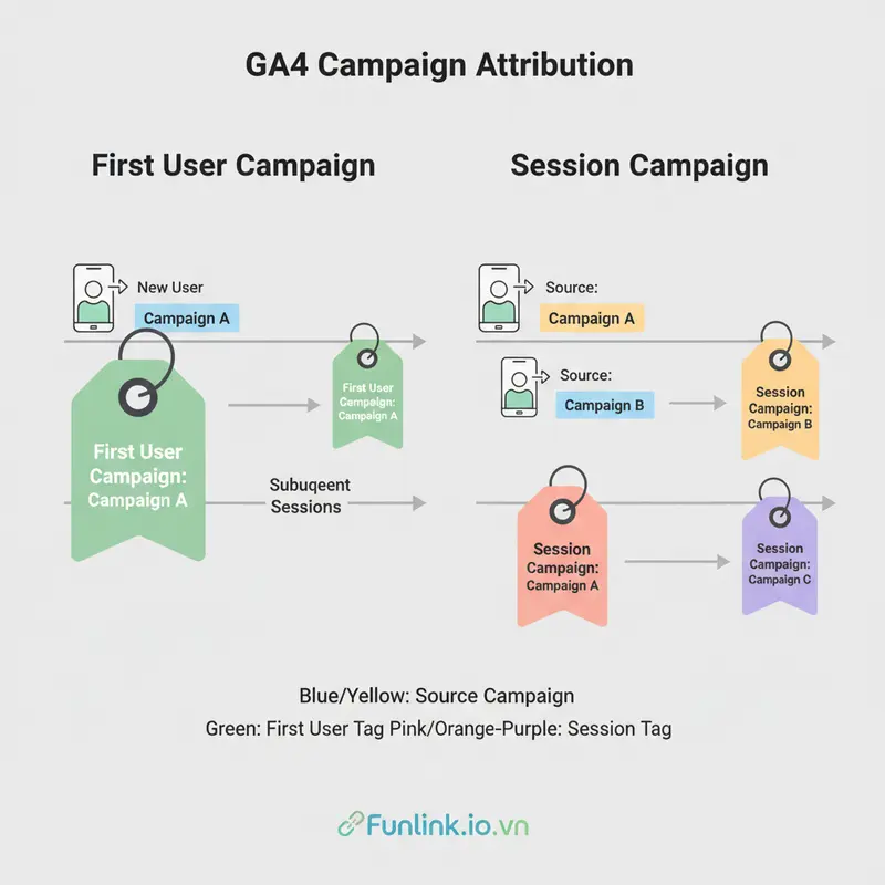 Sơ đồ so sánh First User Campaign và Session Campaign để đo lường ROI chiến dịch với UTM hiệu quả.