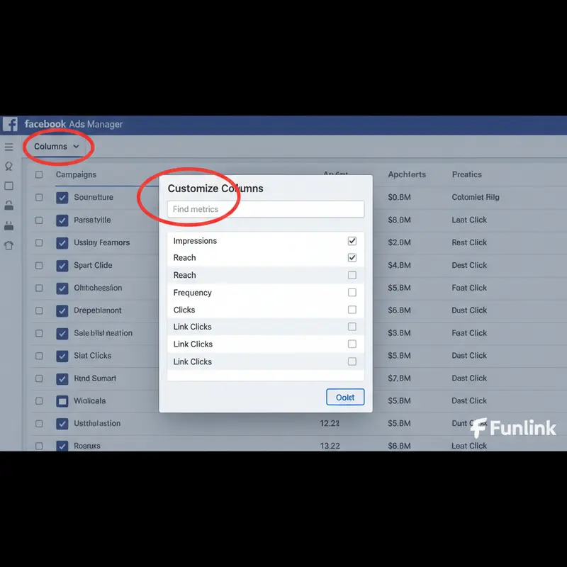 Giao diện tùy chỉnh cột báo cáo quảng cáo Facebook để xem chỉ số quan trọng.
