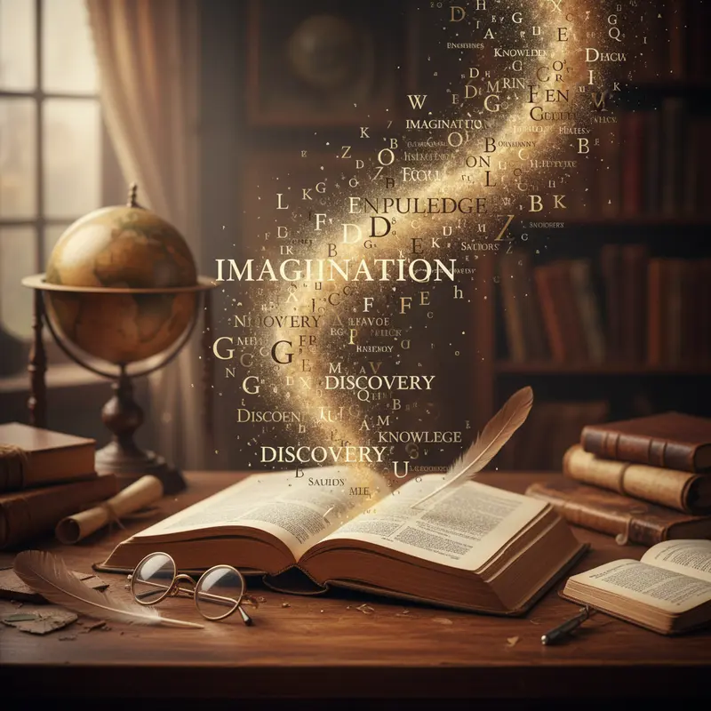 Một cuốn từ điển mở ra với nhiều từ ngữ bay lượn tượng trưng cho việc mở rộng vốn từ.