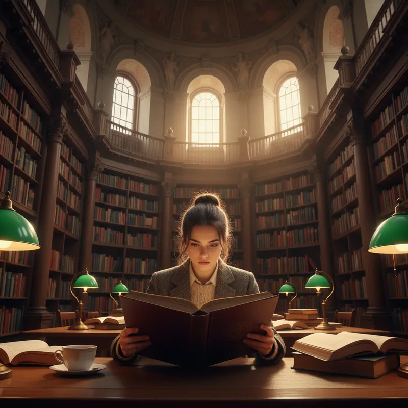 Một người đang tập trung đọc sách trong một thư viện lớn và cổ kính, minh họa việc mở rộng vốn từ
