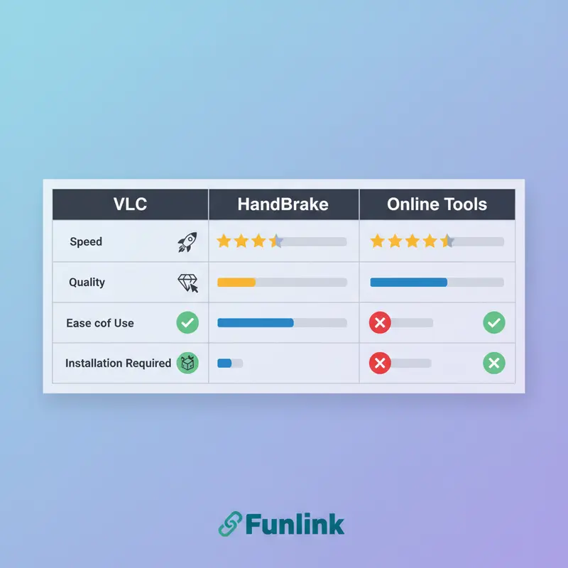 Bảng so sánh 3 phương pháp đổi đuôi mkv sang mp4: VLC, HandBrake, và công cụ Online.