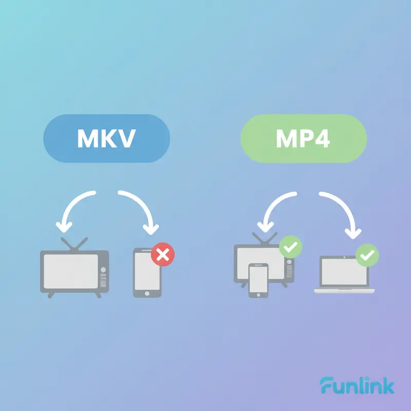 Sơ đồ so sánh tính tương thích của file MKV và MP4, minh họa lý do cần đổi đuôi mkv sang mp4.