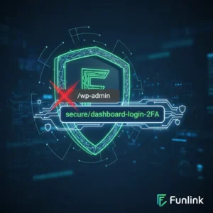 Minh họa cách đổi đường dẫn đăng nhập wordpress bằng biểu tượng khóa và bánh răng cưa an toàn.