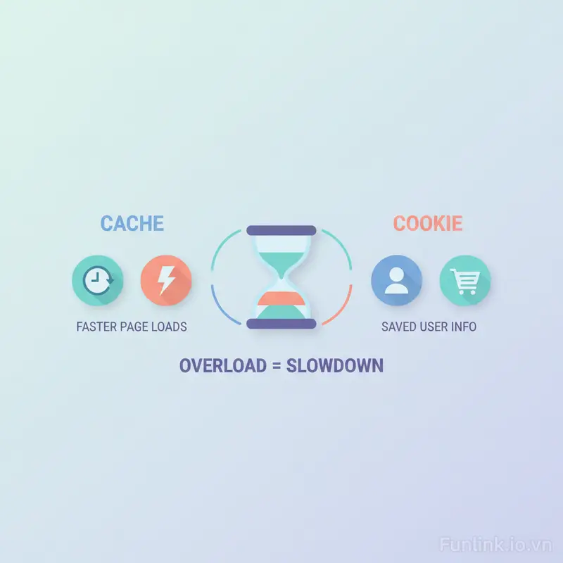 Sơ đồ infographic so sánh cache và cookie trong việc dọn dẹp trình duyệt web.
