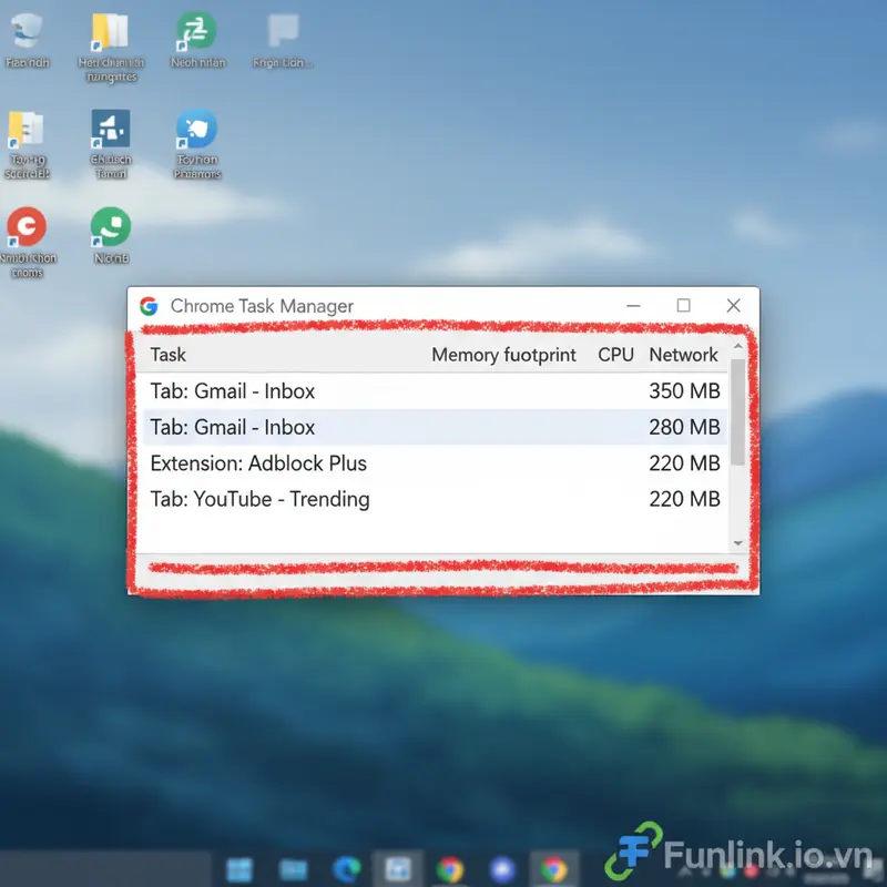 Sử dụng Trình quản lý tác vụ Chrome để dọn dẹp các tiến trình ngốn RAM, một bước quan trọng để tăng tốc trình duyệt.