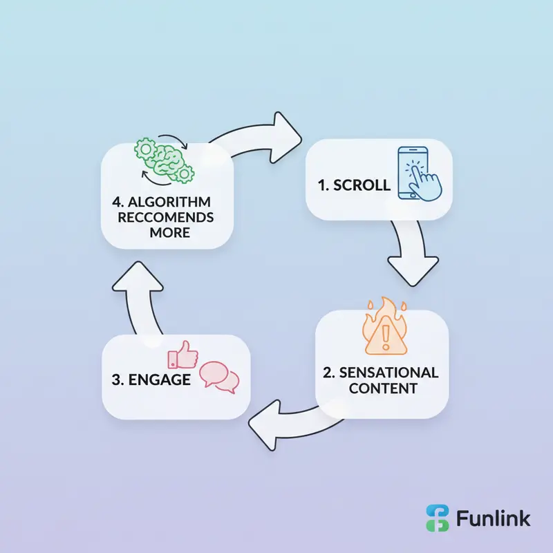 Sơ đồ vòng lặp gây nghiện của việc dọn dẹp Facebook News Feed, minh họa thuật toán giữ chân người dùng.