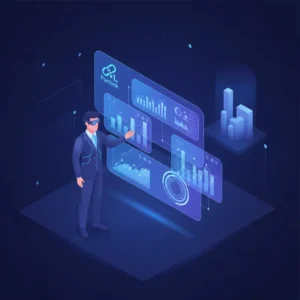 Marketing Director sử dụng AI để dự báo xu hướng thị trường trên màn hình dashboard tương lai.