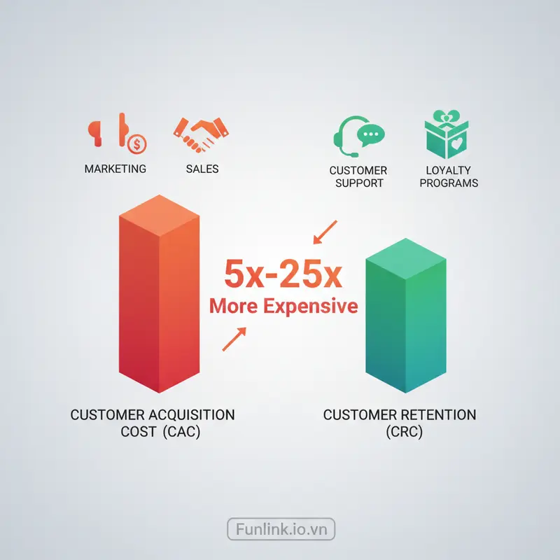 Dự đoán tỷ lệ rời bỏ - Infographic so sánh chi phí giữ chân khách hàng cũ (CRC) thấp hơn nhiều so với chi phí tìm khách hàng mới (CAC).