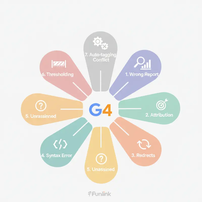 Infographic tổng hợp 7 nguyên nhân khiến dữ liệu UTM không hiển thị trong GA4 và cách khắc phục.