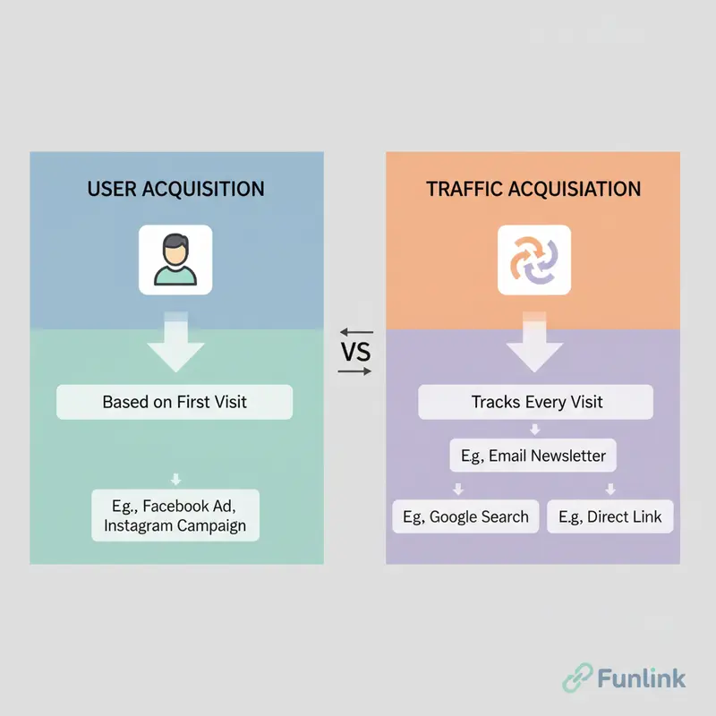 So sánh báo cáo dữ liệu UTM không hiển thị trong GA4 giữa User Acquisition (First User) và Traffic Acquisition (Session).