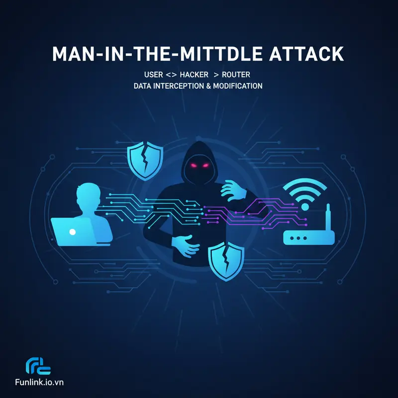 Sơ đồ tấn công Man-in-the-Middle, một rủi ro khi không duyệt web an toàn trên wifi công cộng.