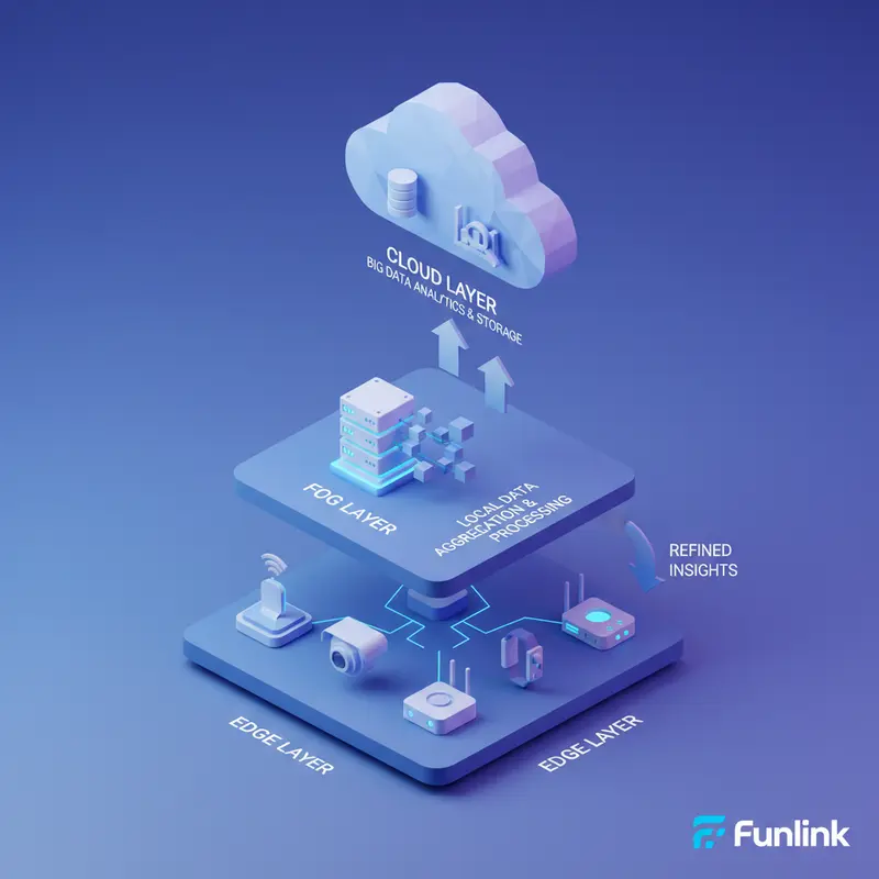 Mô hình kiến trúc Hybrid 3 tầng kết hợp Edge Computing, Fog và Cloud.