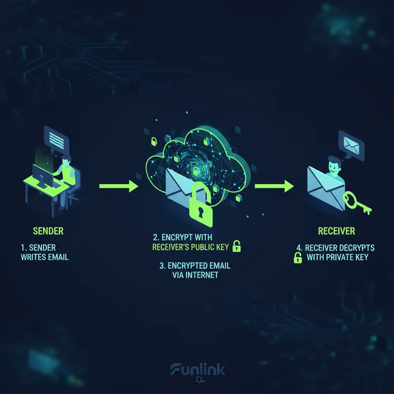Sơ đồ infographic giải thích luồng hoạt động của email mã hóa end-to-end với khóa công khai và khóa riêng tư.