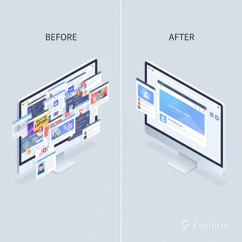 So sánh hiệu quả của extension chrome: màn hình lộn xộn trước và gọn gàng sau khi cài đặt.