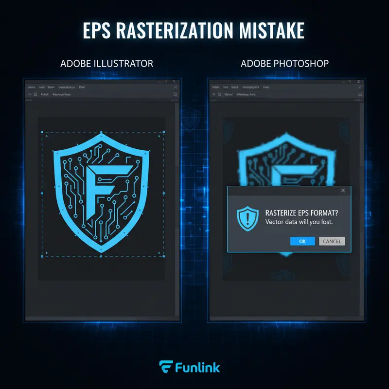 Cảnh báo lỗi khi mở file EPS bằng Photoshop: hình ảnh bị rasterize, mờ, không thể chỉnh sửa vector.