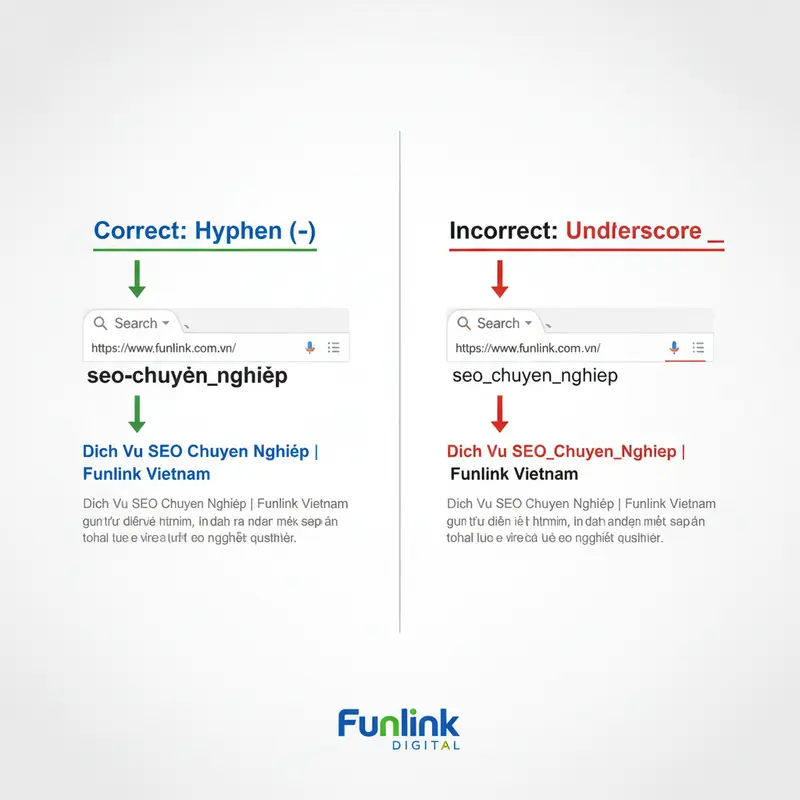 So sánh kết quả tìm kiếm cho url dùng gạch ngang và gạch dưới. URL có gạch ngang được Google bôi đậm từ khóa.