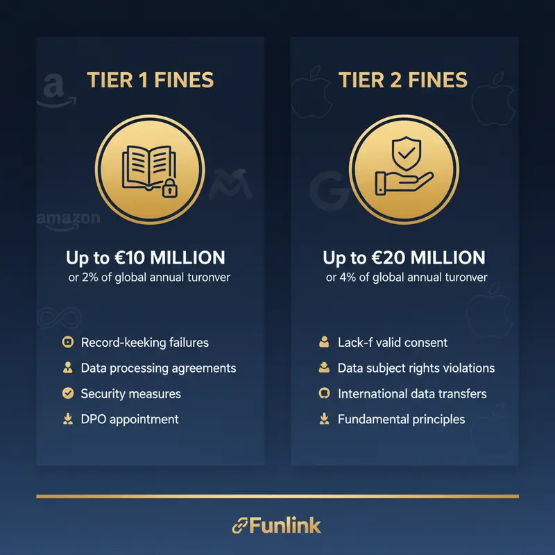 Infographic mức phạt GDPR cho doanh nghiệp Việt Nam, thể hiện 2 cấp độ lên đến 20 triệu euro hoặc 4% doanh thu toàn cầu.