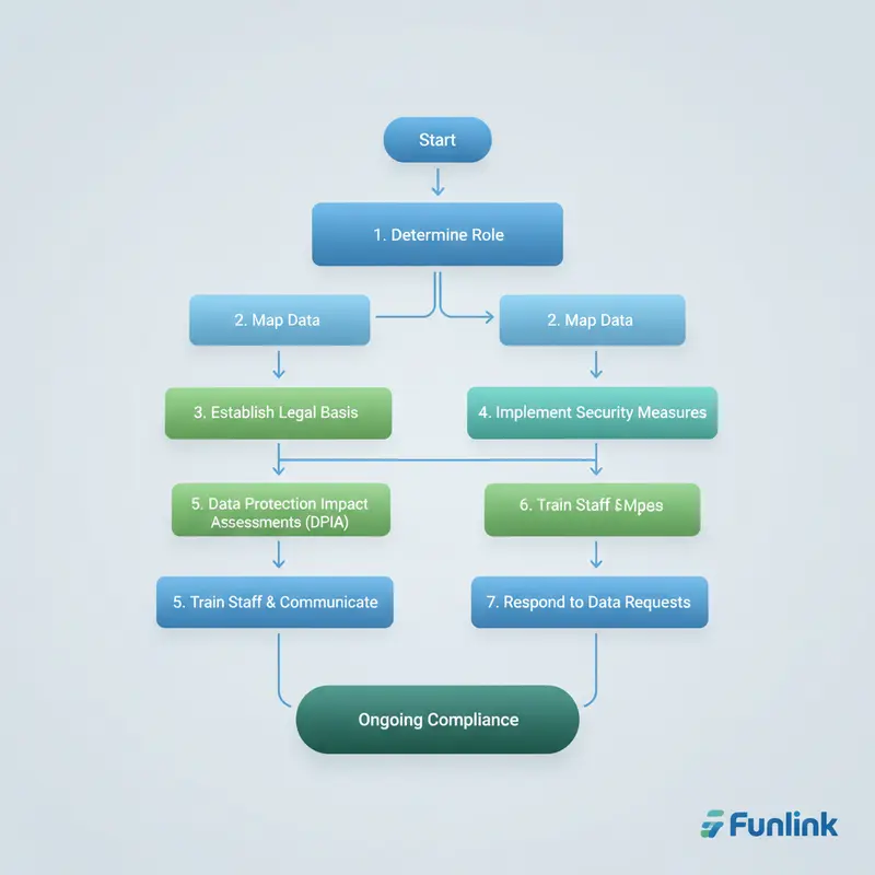 Sơ đồ luồng 7 bước tuân thủ GDPR cho doanh nghiệp Việt Nam, từ xác định vai trò đến đánh giá tác động.