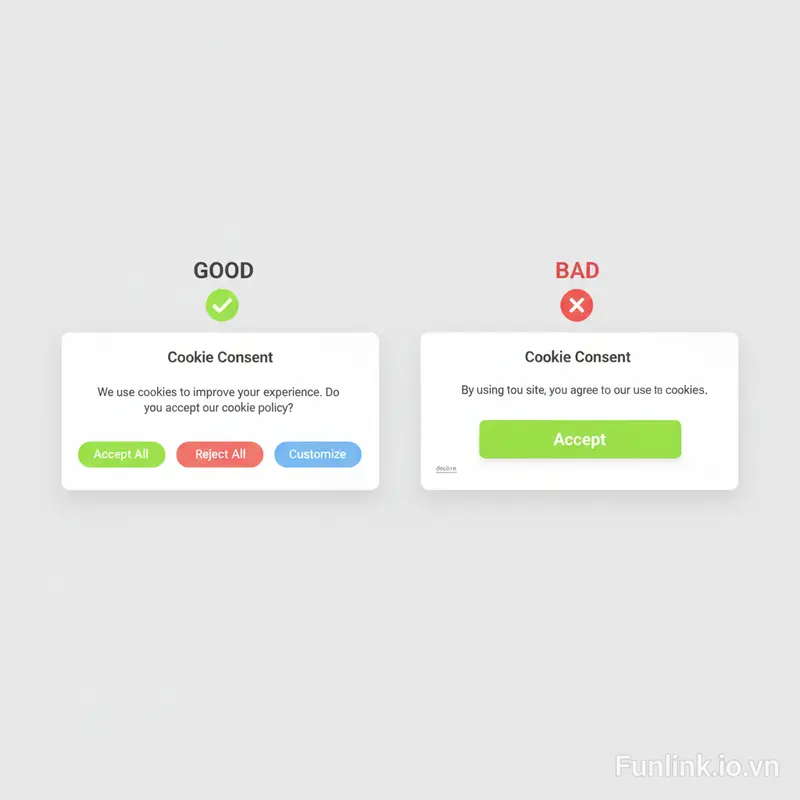 GDPR là gì - so sánh cookie banner tốt tuân thủ luật và cookie banner xấu vi phạm