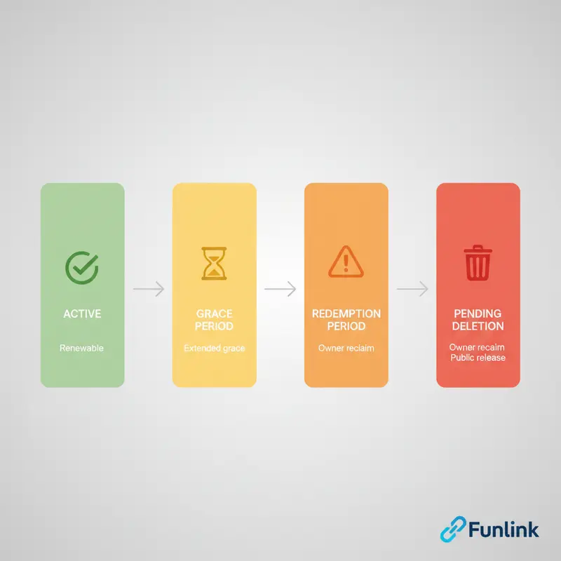 Infographic vòng đời tên miền sau khi hết hạn - Hướng dẫn gia hạn tên miền tự động.