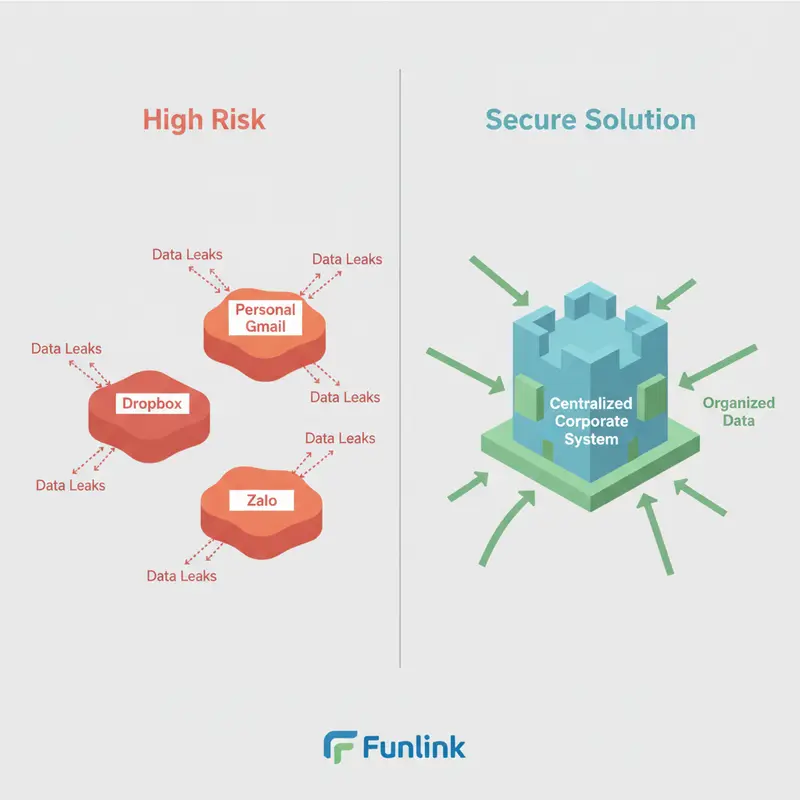 Giải pháp chia sẻ file an toàn - Sơ đồ so sánh các hòn đảo dữ liệu rời rạc và một hệ thống tập trung.