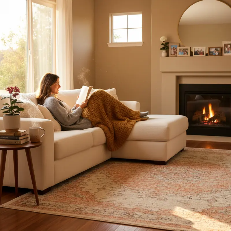 Người phụ nữ đang mỉm cười thư giãn đọc sách trên ghế sofa với một tách trà nóng