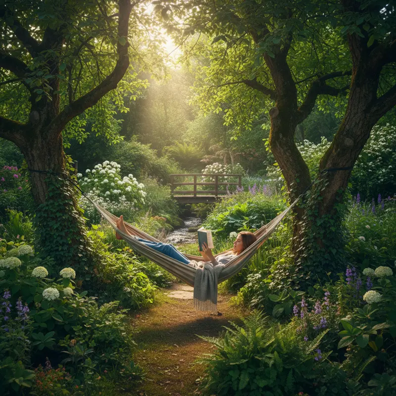 Người đang nằm thư giãn trên võng đọc sách trong một khu vườn xanh mát