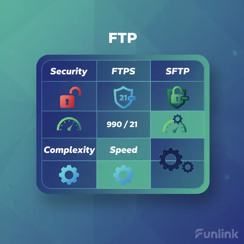 Bảng so sánh chi tiết các tiêu chí của giao thức FTP SFTP và FTPS.