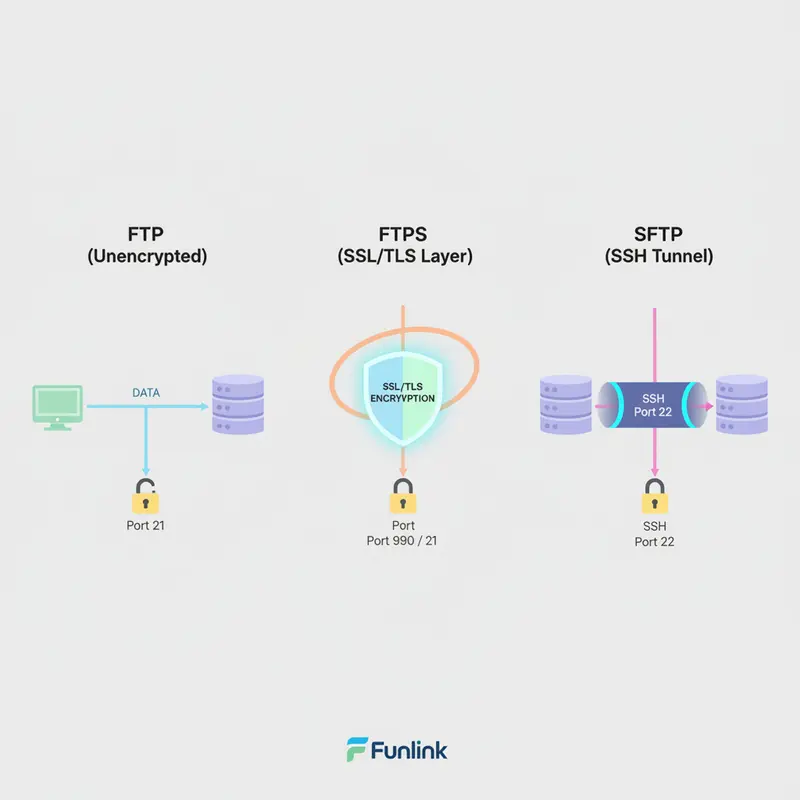 Sơ đồ minh họa 3 luồng kết nối của giao thức FTP SFTP và FTPS.