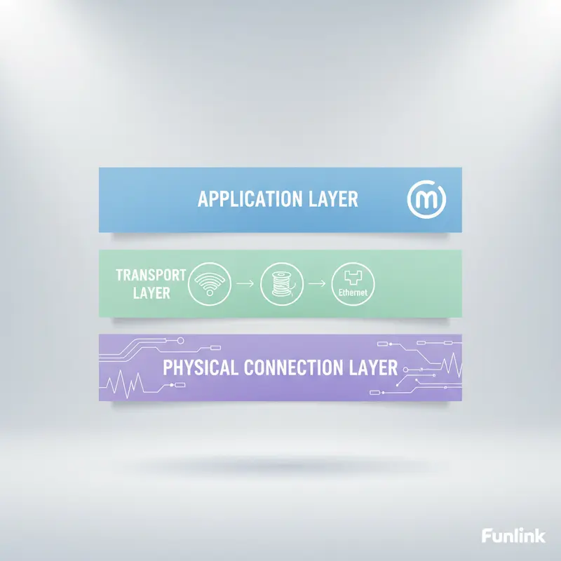 Infographic giải thích 3 lớp công nghệ cốt lõi của giao thức Matter gồm Lớp ứng dụng, Lớp vận chuyển IP và Lớp kết nối.